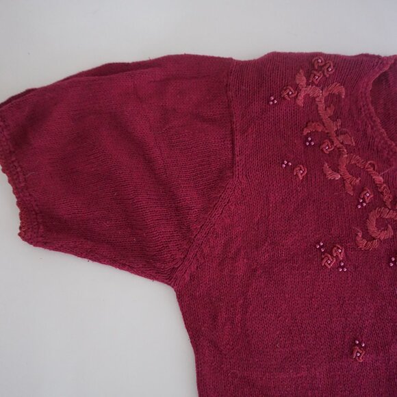 Vintage Maggie Lawrence Embroidered Knit Button Cardigan Top Burgundy 18/20 - Picture 6 of 9
